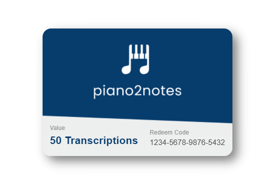 example of a piano2notes gift card for 50 transcriptions with redeem code